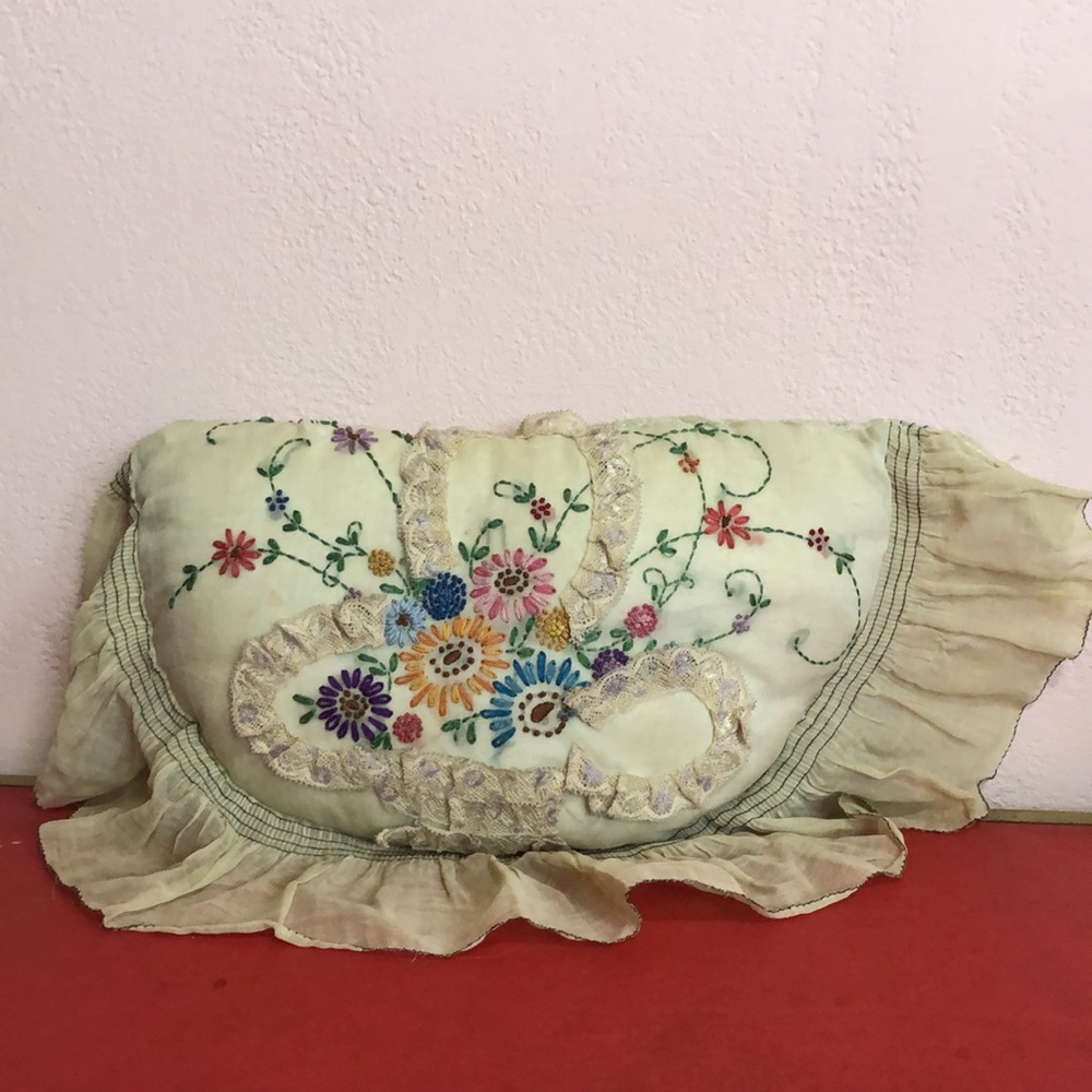 Vintage 1920s Parlor Pillow, Antique Embroidered Accent Pillow